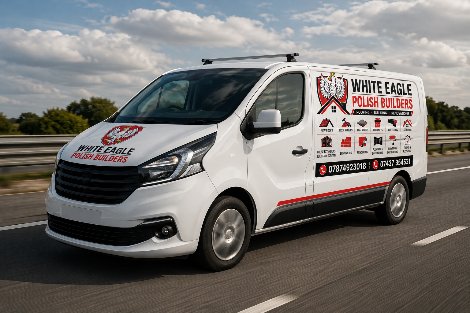 White Eagle Polish Builders branded work van on the road, showing roofing, building and renovation services